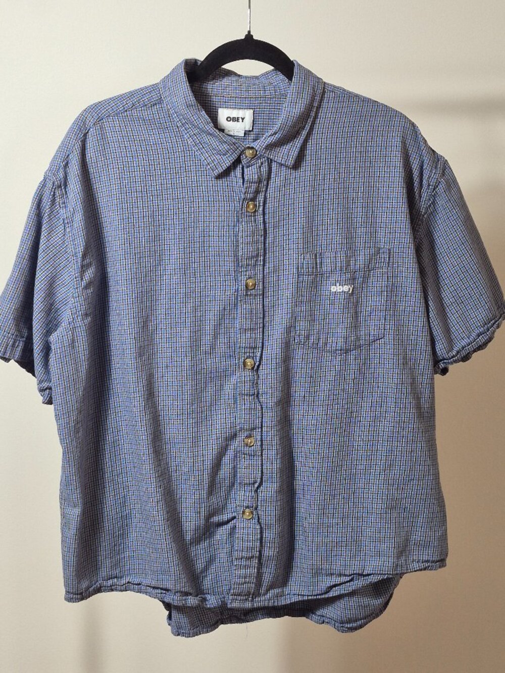 OBEY Mens L Blue Micro Plaid Short Sleeve Button Up Shirt 100% Cotton